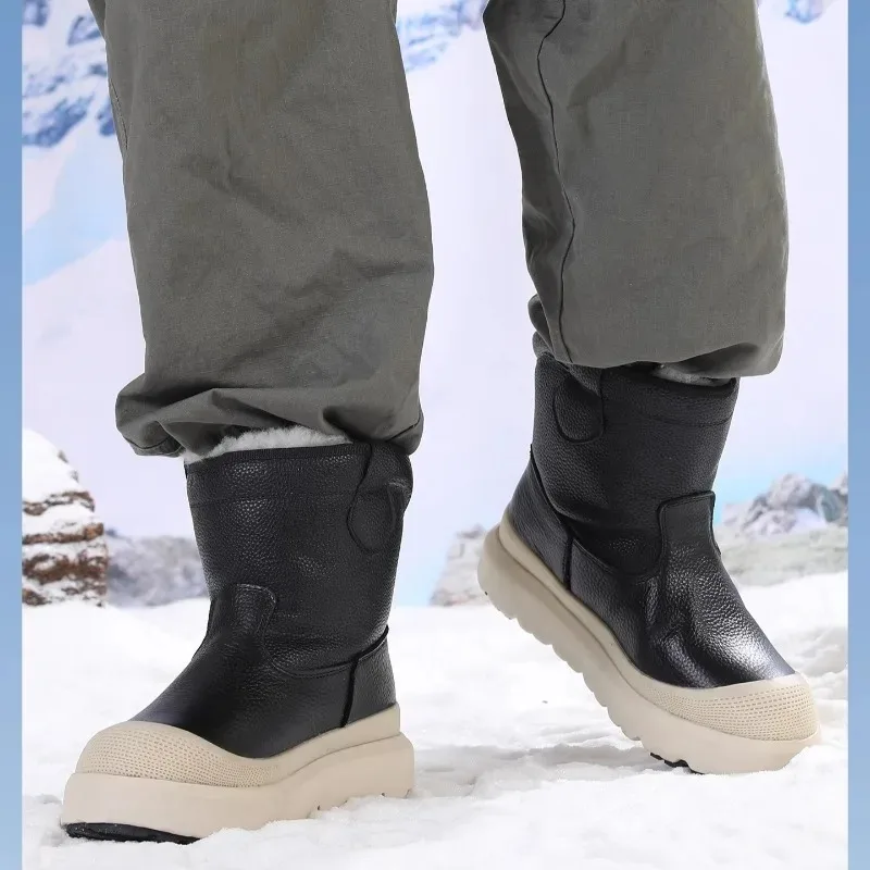British Fashion Increased Height Outdoor Cotton Shoes Men's Snow Boots Genuine Leather Thick Sole Casual Winter Wool Boots Male