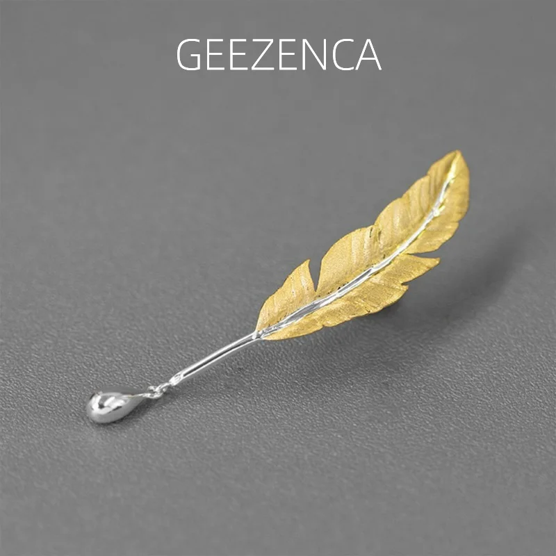 GEEZENCA 925 Sterling Silver Two Tone Quill Pen Ink Brooches For Women Feather Artistic Unique Chic Pins 2024 New Party Gift