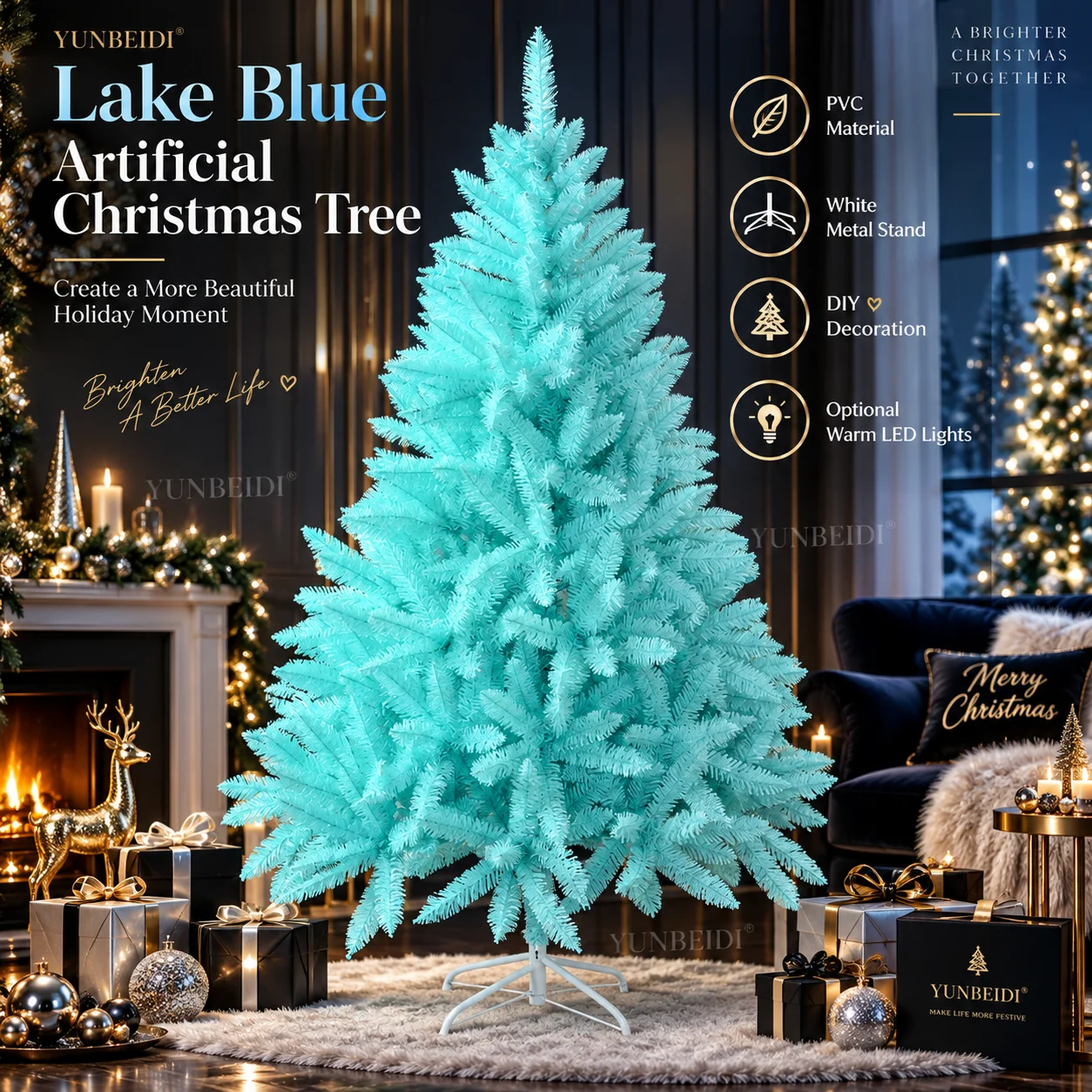 Seeblauer PVC-Weihnachtsbaum 120-240cm Künstlicher Festlicher Baum Weißer Metallständer Optional USB-Wärmelichter Innen- und Außendekoration