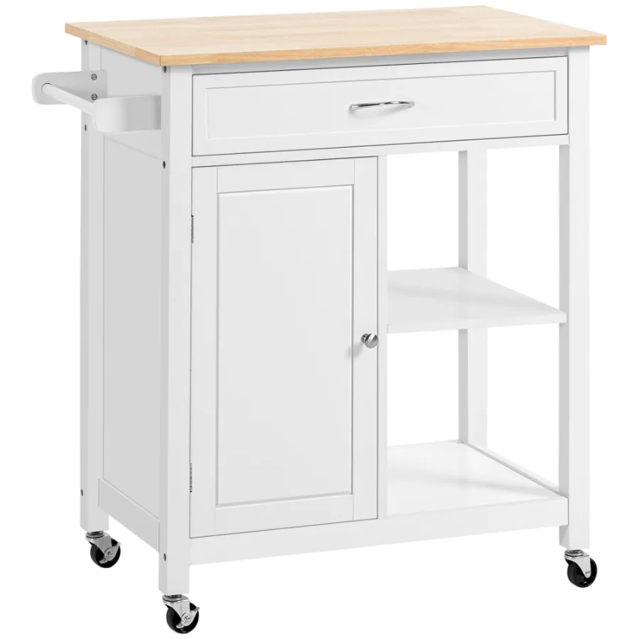 

Kitchen Island Cart Rolling Kitchen Island with Storage Solid Wood Top Drawer for Dining Room White