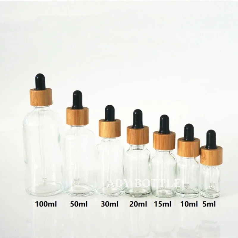 5/10/15/20/30/50/100ml Clear Empty Essential Oil Bottle Natural Bamboo Lid Black Rubber Head Dropper Cover Glass Containers