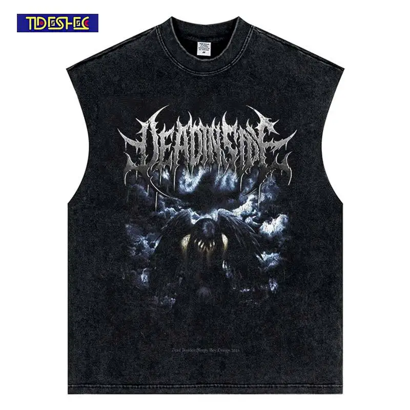 

2025 винтажный жилет с принтом черных крыльев в стиле панк, уличная одежда в стиле Харадзюку, летние топы из стираного хлопка в стиле хип-хоп, нейтральный свободный топ без рукавов