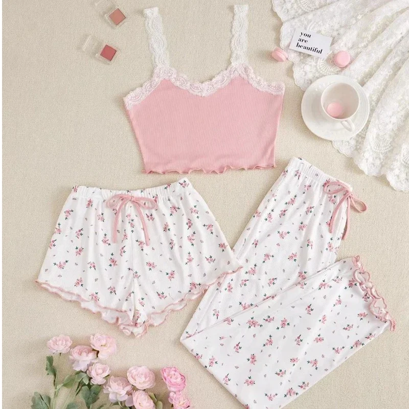 Three Piece Pajamas Set Women's Heart-Shaped Printed Vest Shorts and Pants Paired with Ribbed Fabric for Home Casual Sleepwear