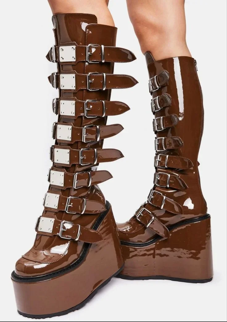 Platform Punk Rock Belt Buckle Motorcycle Boots 2025 New Round Toe Wedge Party Stage Boots Street Fashion Large Size Calf Boots image 6