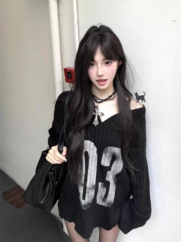 

Women Black Off-Shoulder V-Neck Knit Sweater Autumn Winter American Retro Sweet Fashion Loose Tops Ladies Stylish Pullover New