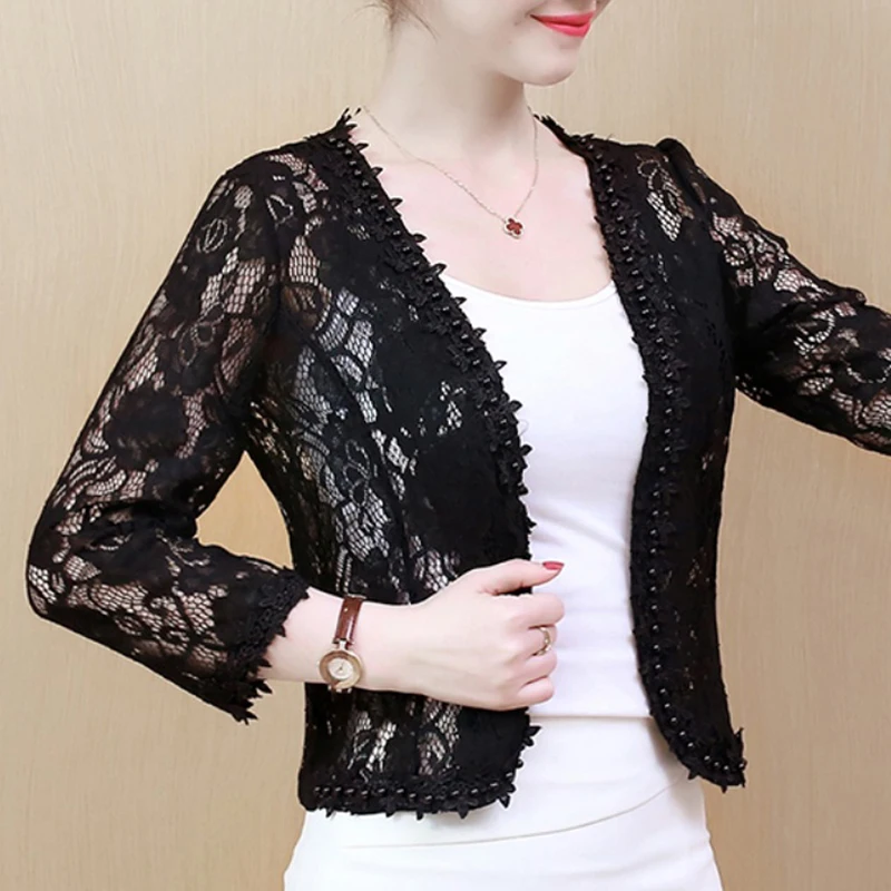 

Spring Summer Short Style Hollow Out Women Small Coat Slim Lace Jacket 3/4 Sleeve Shawl Outerwear