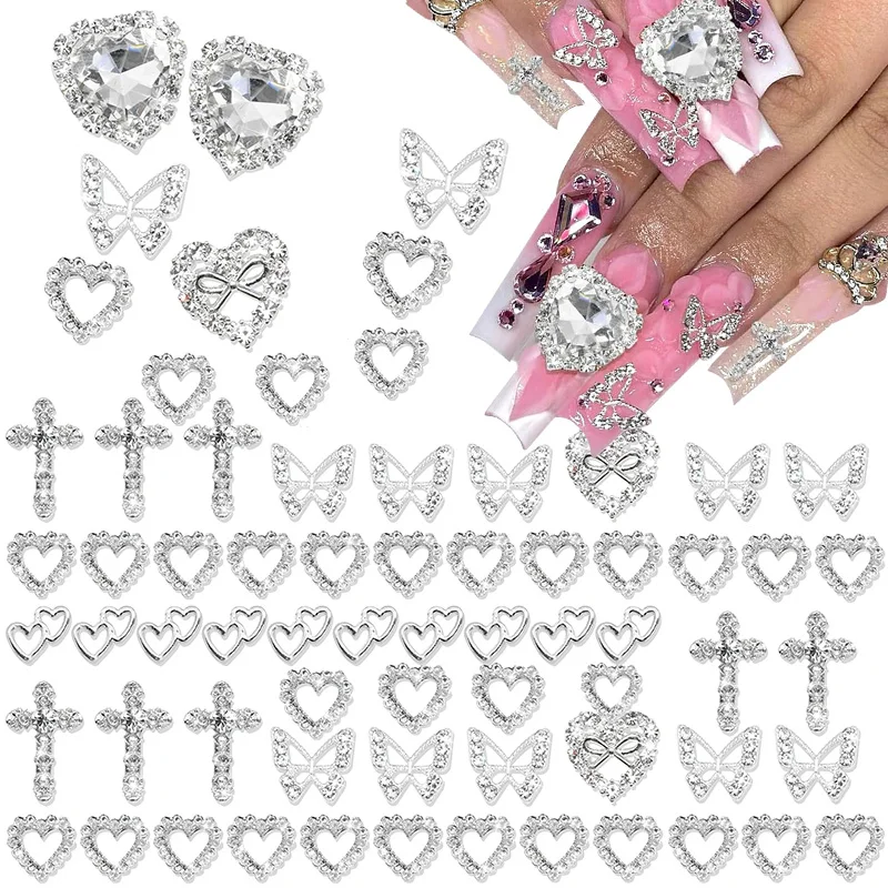 60PCS Silver Nail Charms Crystal Heart Nail Charms 3D Alloy Cross Nail Charms Metal Butterfly Charms Nail Gems Rhinestones