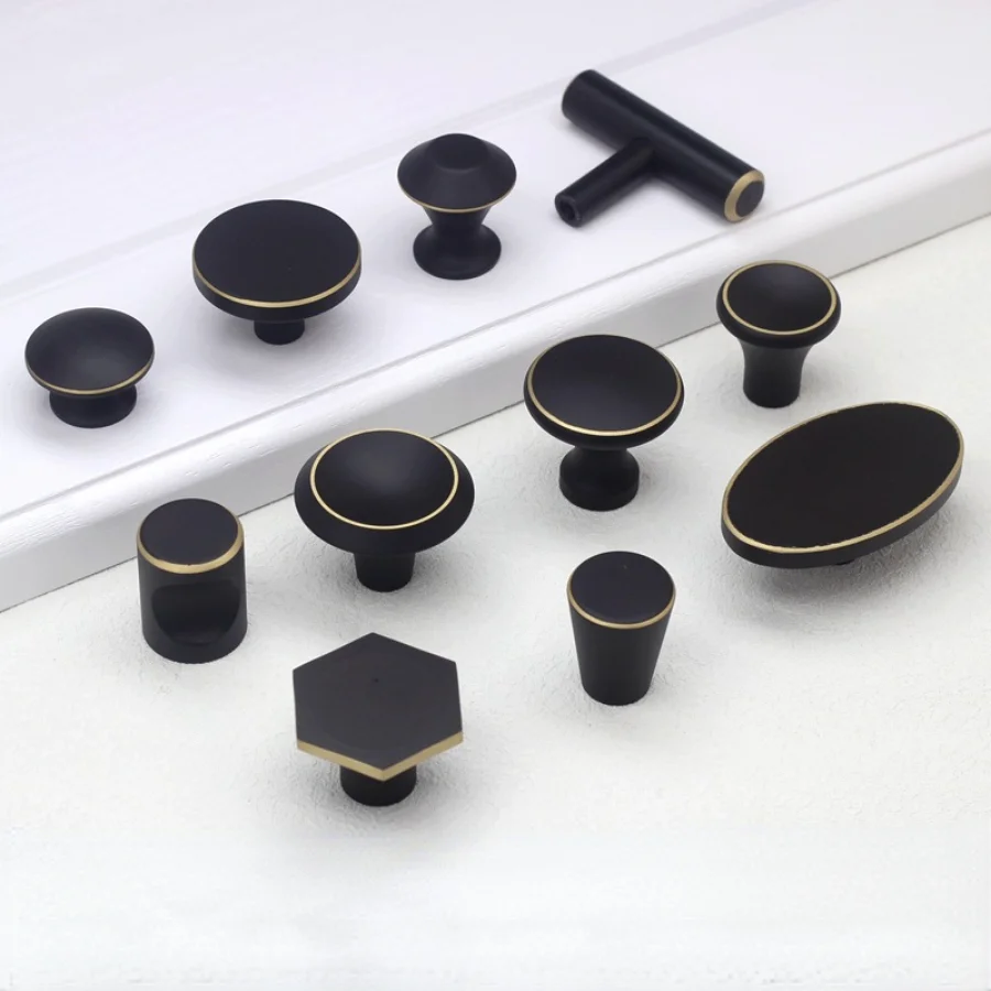 Black Gold Edge Solid Copper Drawer Handles Modern Simple Single Hole Kitchen Cabinet Handles Shoe Cabinets Furniture Handle