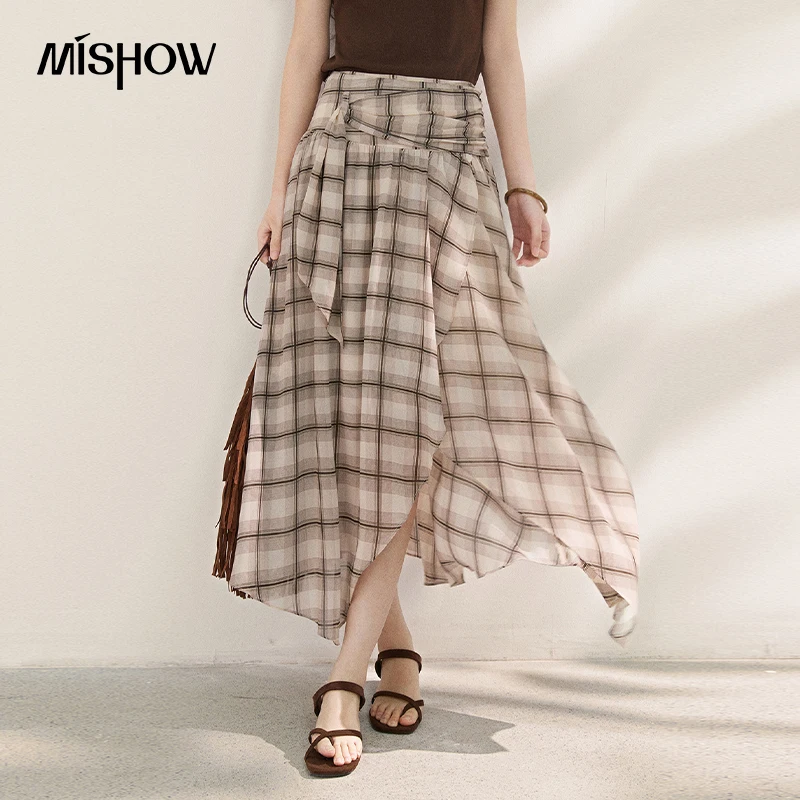 

MISHOW New French-style Plaid Chiffon High-waist Skirt 2026 Summer Elegant Irregular Invisible Zipper Dress for Women MXF21B2493