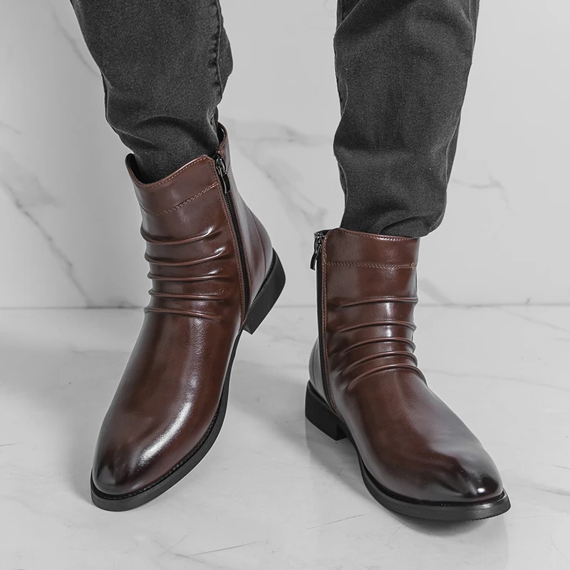 

Fashionable Pointed Casual High Top Men Boots Brand Soft Comfortable Business Office Elegant Leather Boots Quality Chelsea Boots