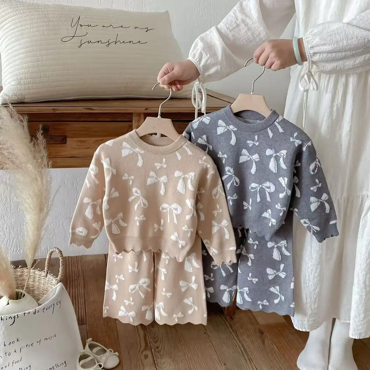 

Children's Jumper Set Autumn Winter Girl Baby Knitted Sweater Trousers Gas Mushroom House Cardigan Two-piece Set Trousers