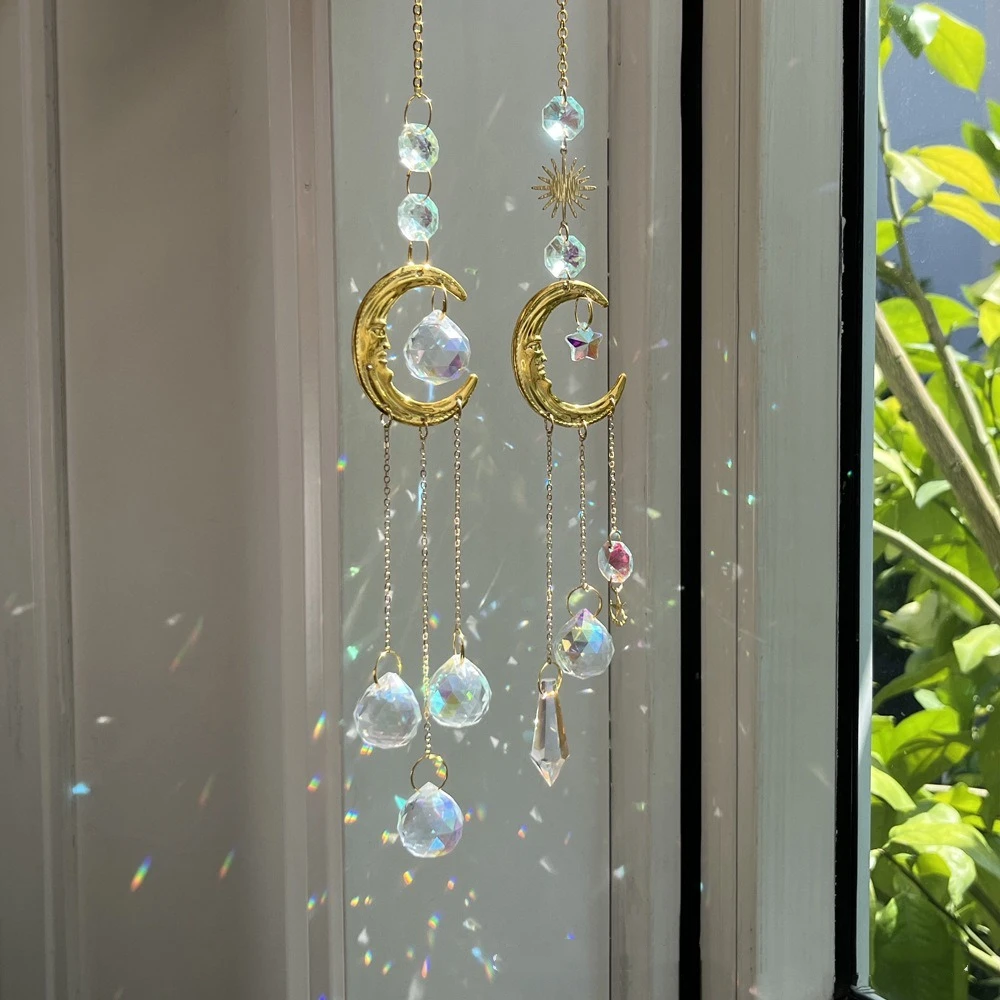 Crystal Pendant Hanging Sun Catcher Stained Glass Moon Sun Sunlight Catcher Rainbow Maker Balcony Yard Crystal Wind Chime