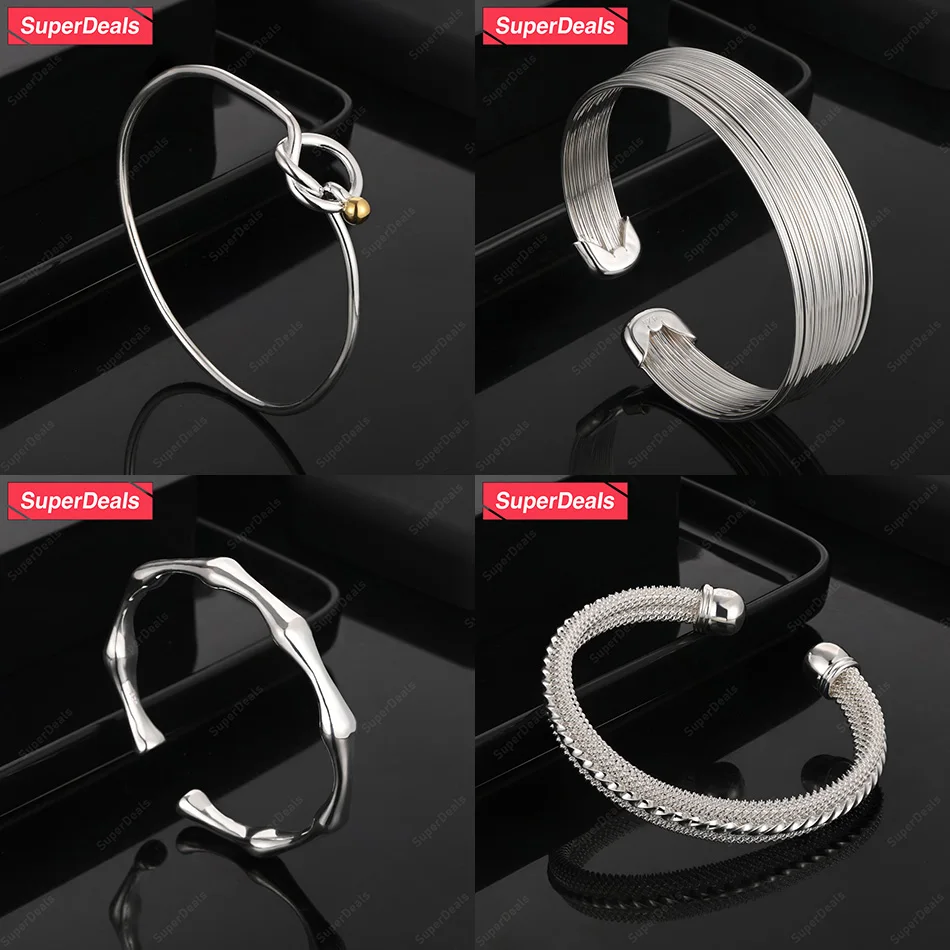 

SuperDeals 925 Sterling Silver Bamboo Round Mesh Multi-Line Bangles Birthday Christmas Party Unisex Fashion Jewelry Gift