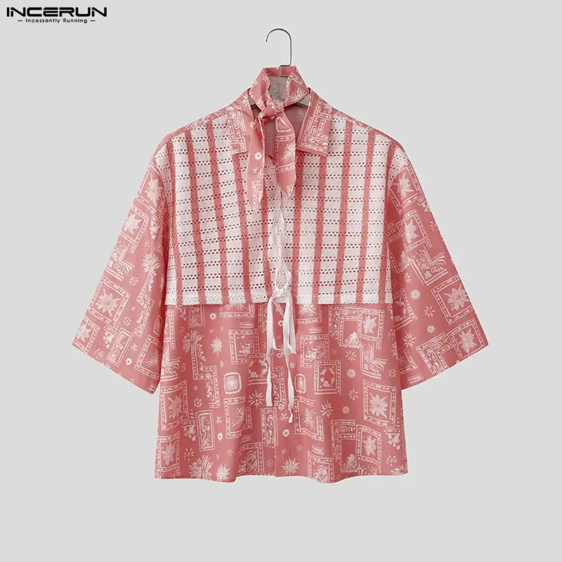

INCERUN мужская рубашка с принтом, кружевная лоскутная рубашка с лацканами и половиной рукава, мужская одежда, свободная уличная одежда в корейском стиле, модные повседневные рубашки для мужчин