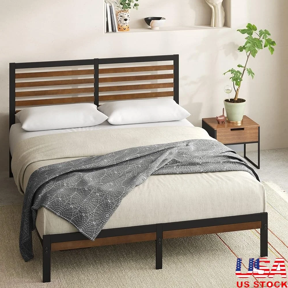 

Bamboo Metal Platform Bed Frame with Headboard No Box Spring Required Easy Assembly Durable Steel Construction Queen Size