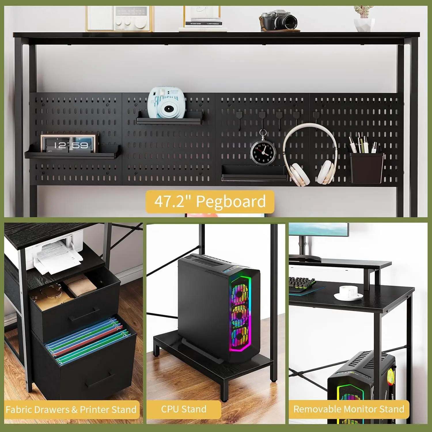 Yoobure L Shaped Desk with Pegboard, Reversible Gaming Desk with LED Lights & Power Outlets, Computer Desk with Drawers & Storag