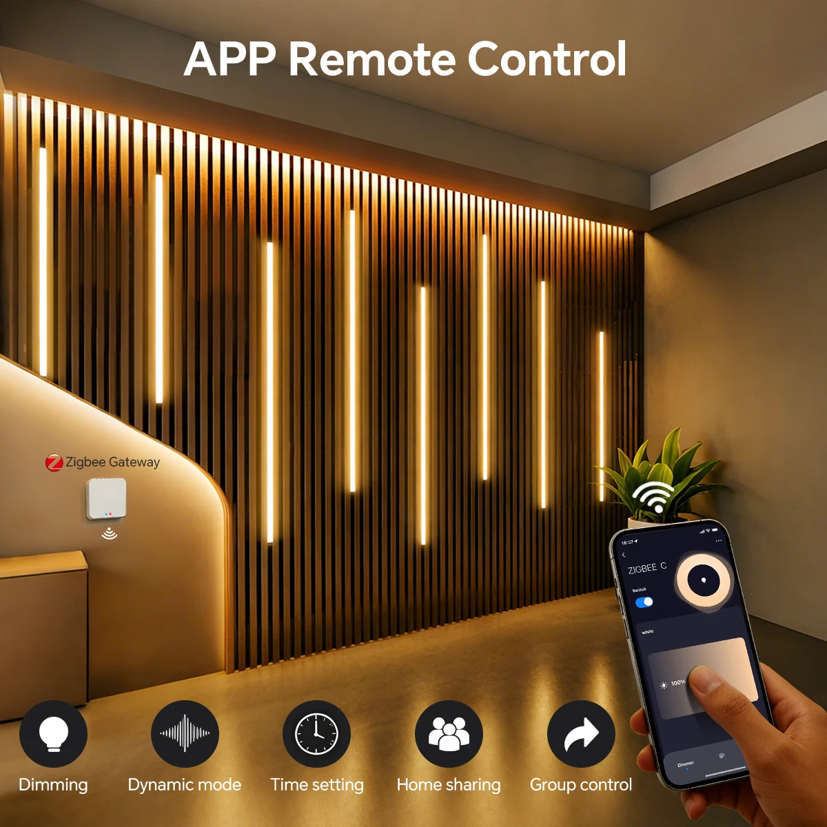 Zigbee Wifi Neon Acoustic Wall Panel Decor Dimmable COB Strip LED Lights Tuya Alexa Wood Grain Grille Curtain Smart Wall Lamp view 3