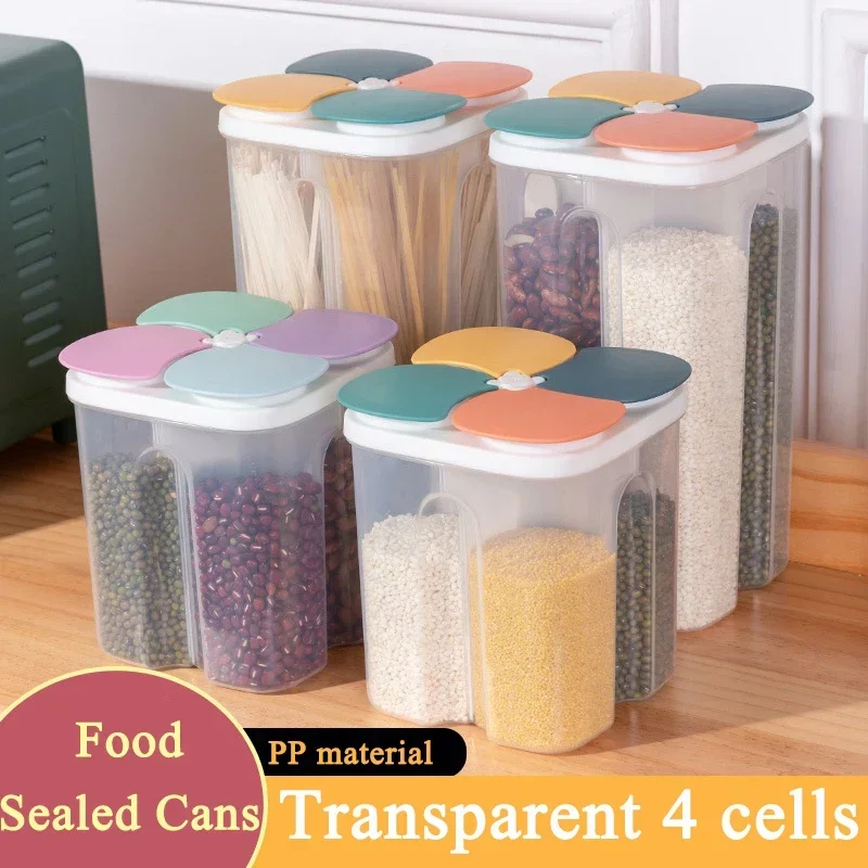 Crisper de almacenamiento transparente para cuatro granos y granos, suministros de cocina, tarro con tapa abierta compartimentada sellada a prueba de humedad, 1 ud.