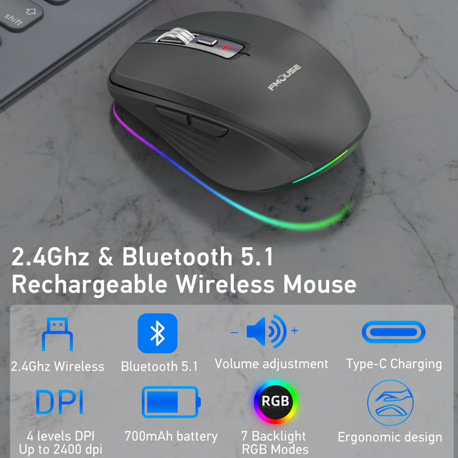 Wireless Dual-mode Mouse 2.4G Bluetooth Rechargeable Portable Light Weight 12 Colors Light Strips 2400 DPI 4 Levels Office Use