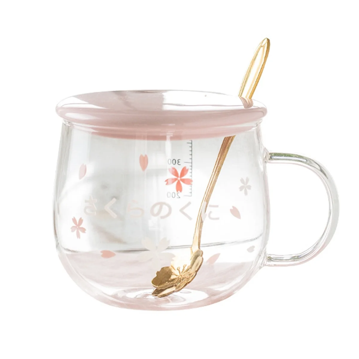 400Ml Creative Sakura Glass Coffee Mug Cute Transparent Heat-Resistant Water Cup with Handle Lid Spoon ,B