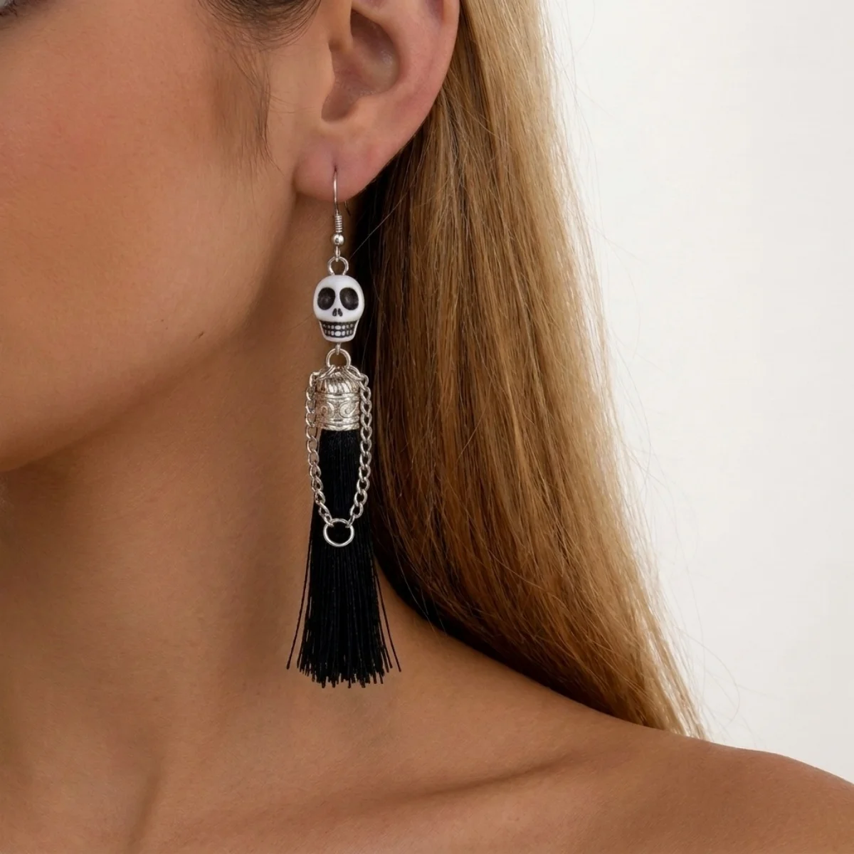 Halloween-Ohrringe mit bunten Quasten und Totenkopf-Anhänger für Damen, Punk-Street-Vintage-Cosplay-Ohrringe mit Skelett-Motiv, Schmuck – Detail 21