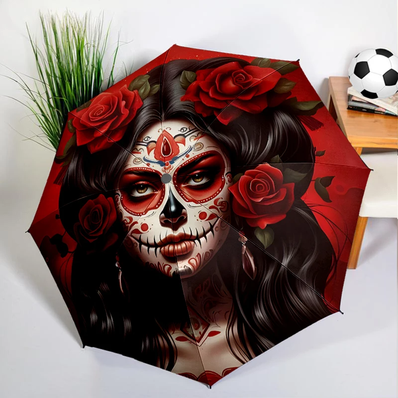Sugar Skull Rose Umbrella Automatic Open/close, Sturdy Iron Frame & 8-Rib Structure, Umbrella for Women & Men, Christmas Gifts