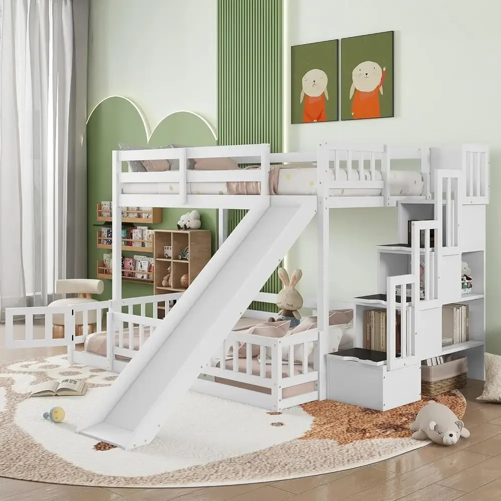 

White Kids Loft Bed with Stairs, Slide, and Storage for Boys and Girls