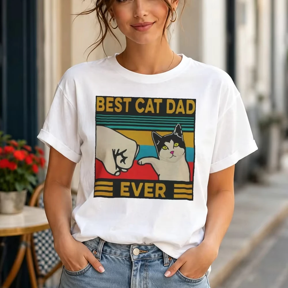 Best Cat Dad Ever Fist Bump Retro Stripe Design Women Cotton T Shirt Holiday Leisure Vibe Summer Clothing Gift Cat Lovers