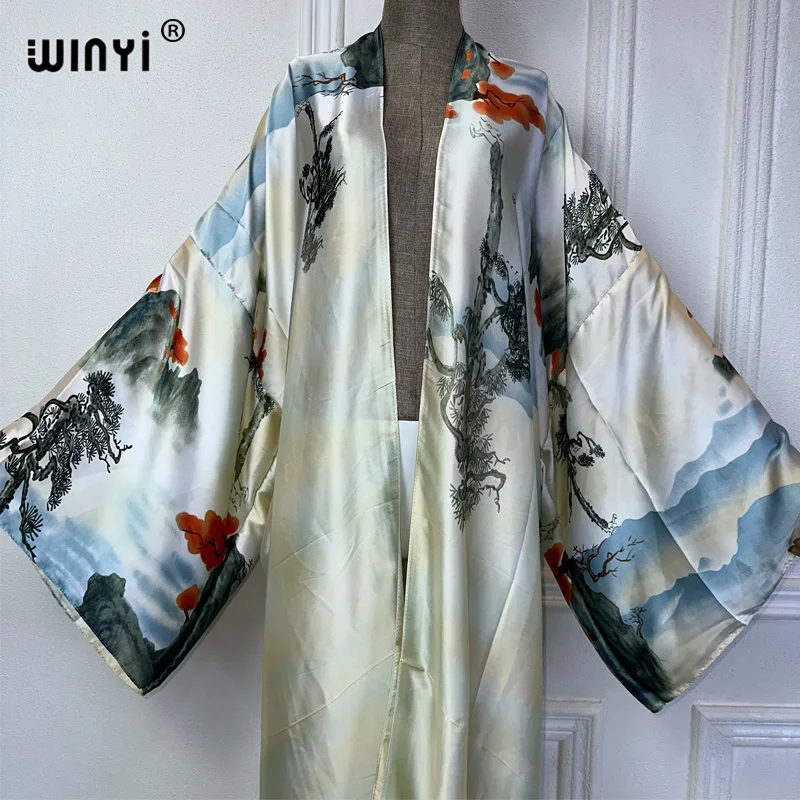 Winyi Zomer Kimono Afrikaanse Boho Print Jurk Strandkleding Elegant Vest Sexy Vakantie Strandoutfits Voor Dames Vestidos Bedekken