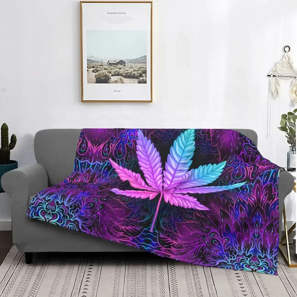 Neon Leaves Knitted Blanket Fleecea Weed Leaf Ultra-Soft Throw Blanket for Car Sofa Couch Bedspread