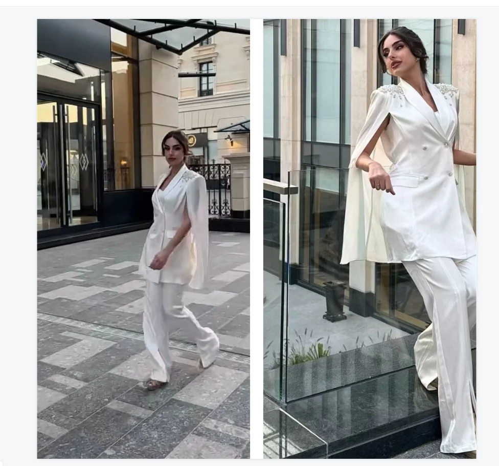 

White Wrap Women Suit Set 2 Piece Blazer+Pants Stone Crystals Formal Office Lady Jacket Cotton Wedding Bride Coat Customized