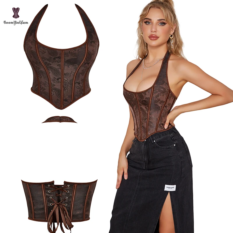 13 Plastic Boned Halter-neck Corset Top Mini Chest Binder Bustier Plus Size Women Corselet Brown Steampunk Suit