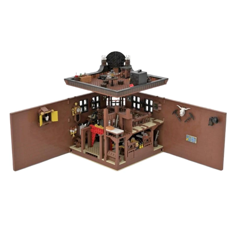 Spot MOC- 148787   Kleine deeltjes geassembleerde bouwstenen Westerse architectuur Bar Houten huis Model Puzzel Speelgoedornament