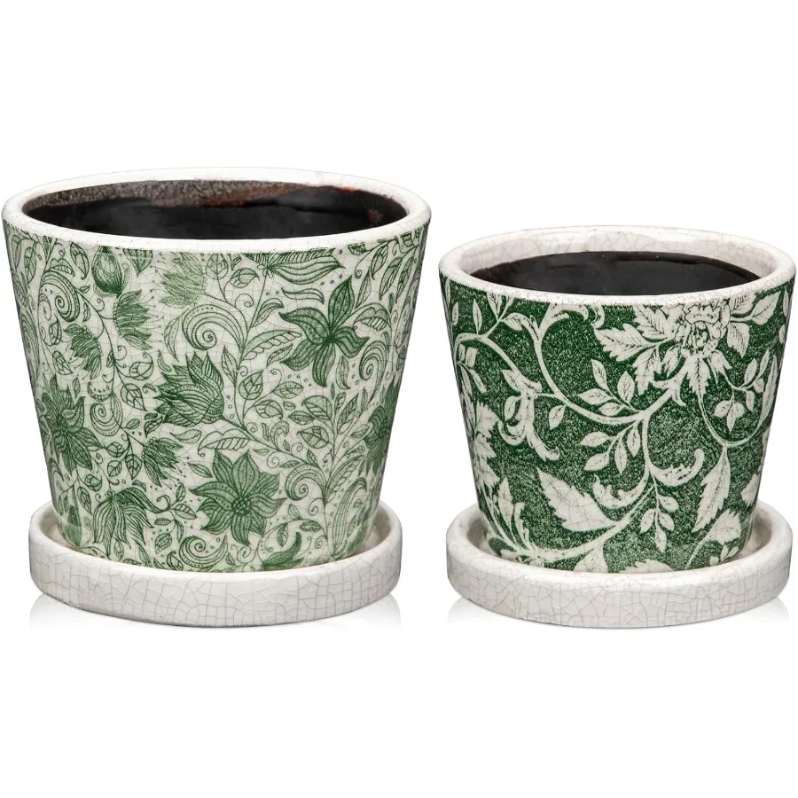 

Set of 2 Ceramic Green Plant Pots with Drainage Hole and Saucers Vintage Farmhouse Accent Planters for Indoor Plants Round Flow