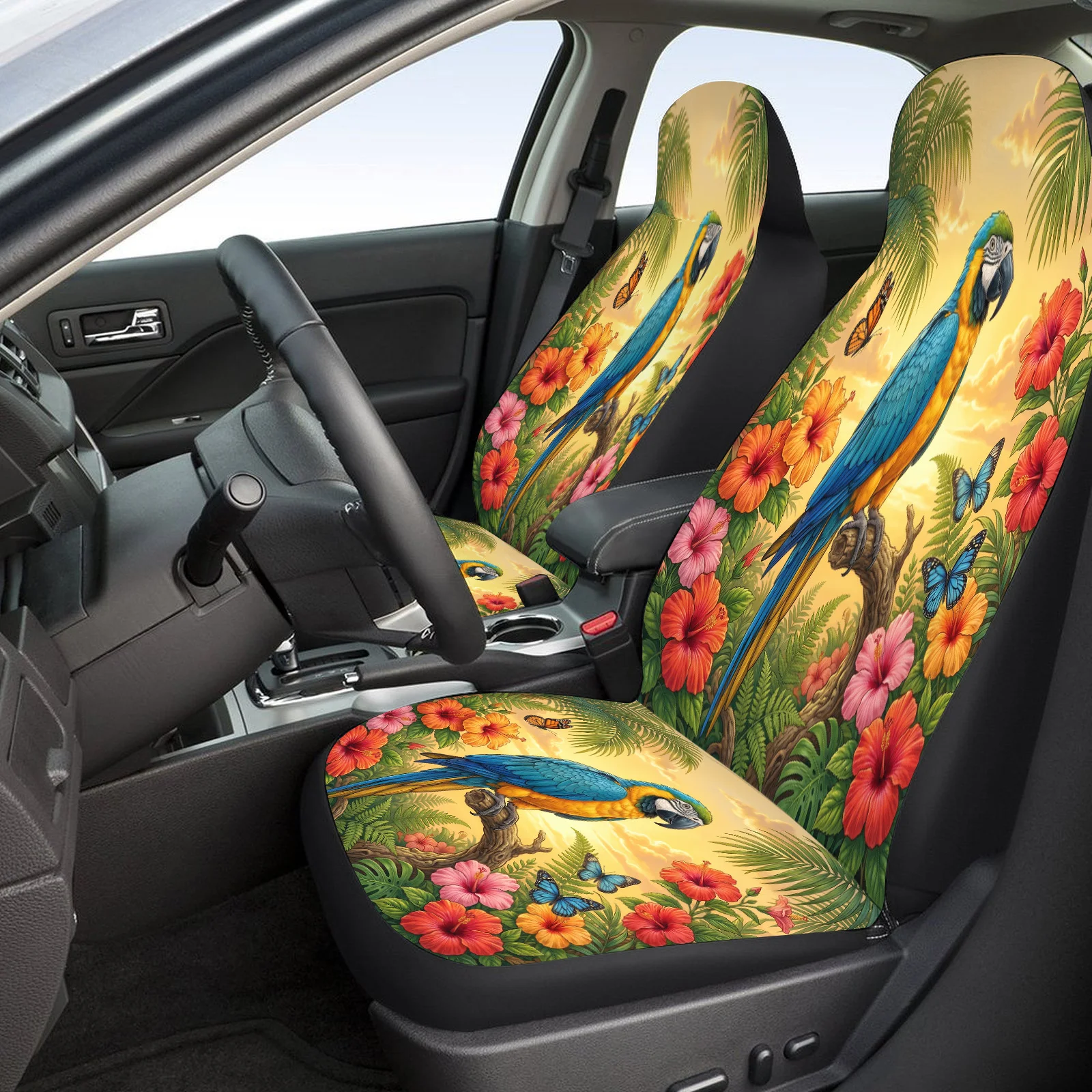 Parrot Hibiscus Butterfly Tropical Themed Car Seat Cover Set For Most Cars Trucks, Trendy Breathable Car Seat Protector Covers F