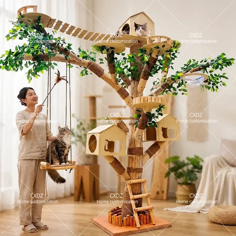 Cat Climbing Frame with Integrated Nest and Scratching Board Durable Wear Resistant Cat Tree House Furniture for Indoor Pets