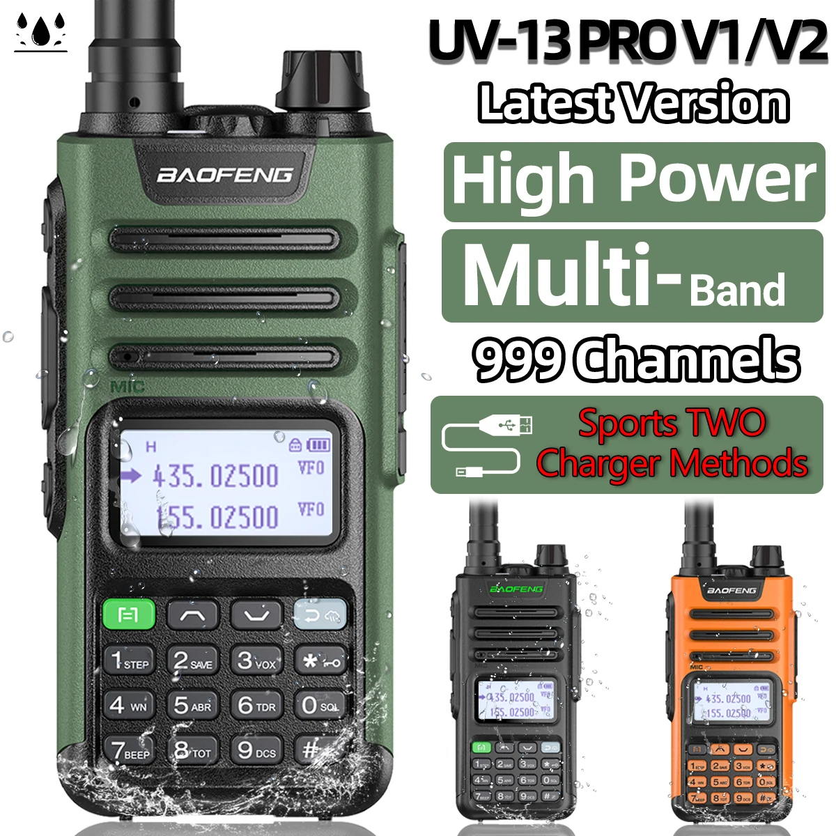 BaoFeng-UV-13 PRO V1 V2 Walkie Talkie de alta potência multi banda, carregador tipo C, 16 km de longo alcance, transceptor UV13, radioampername bidirecional