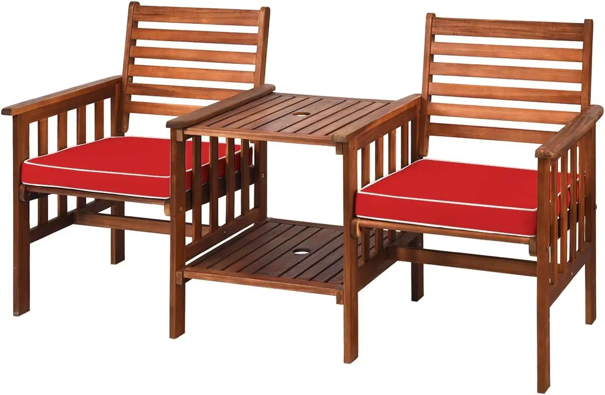Red acacia wood 3-piece patio conversation set with two-seat loveseat, soft cushions and coffee table featuring a 2.1-inch central umbrella hole for outdoor shading use