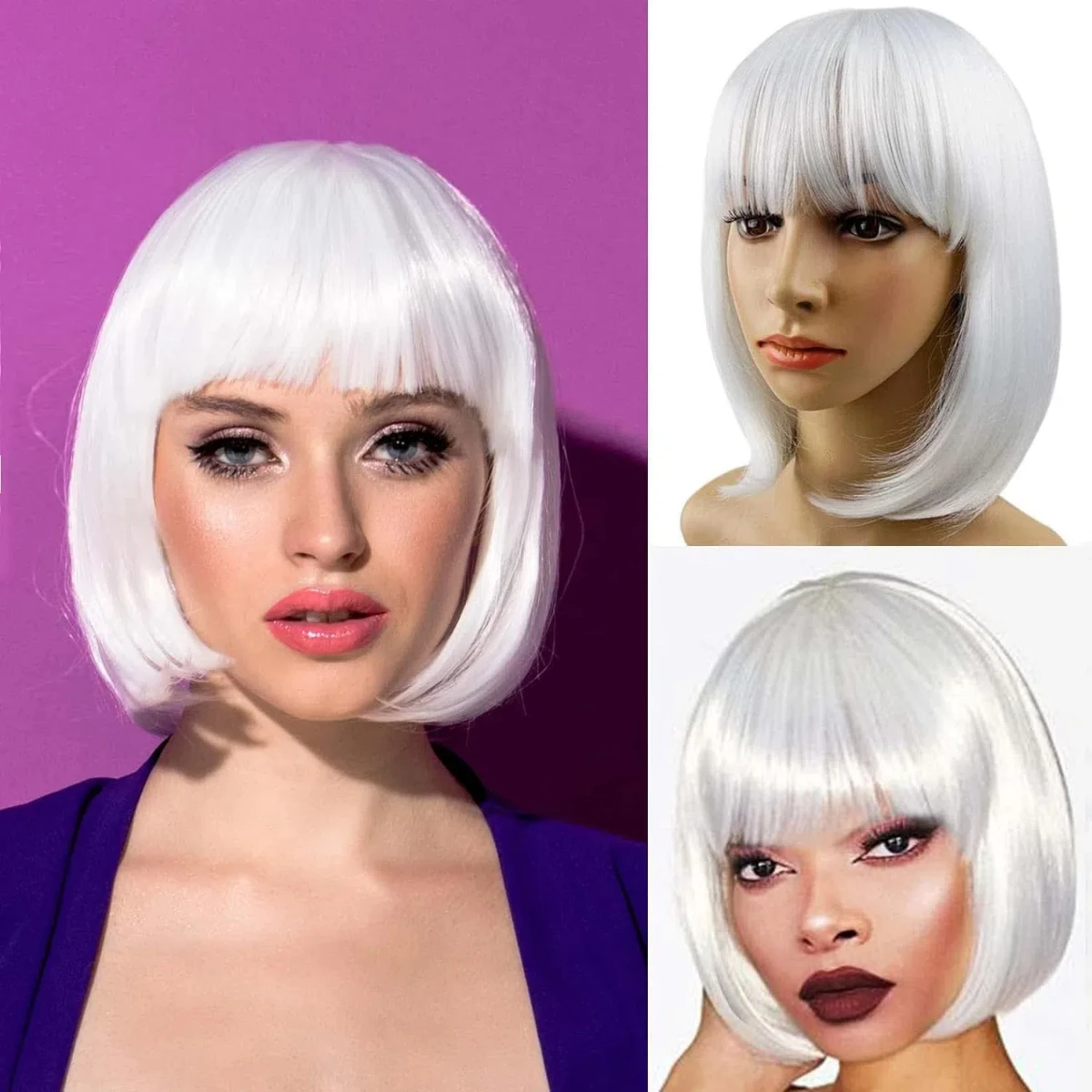 Women Synthetic White Short Straight Bob Wigs Short Bob Wig with Bangs Fashion Lady Daily and Flapper Cosplay Costume Hair Wig