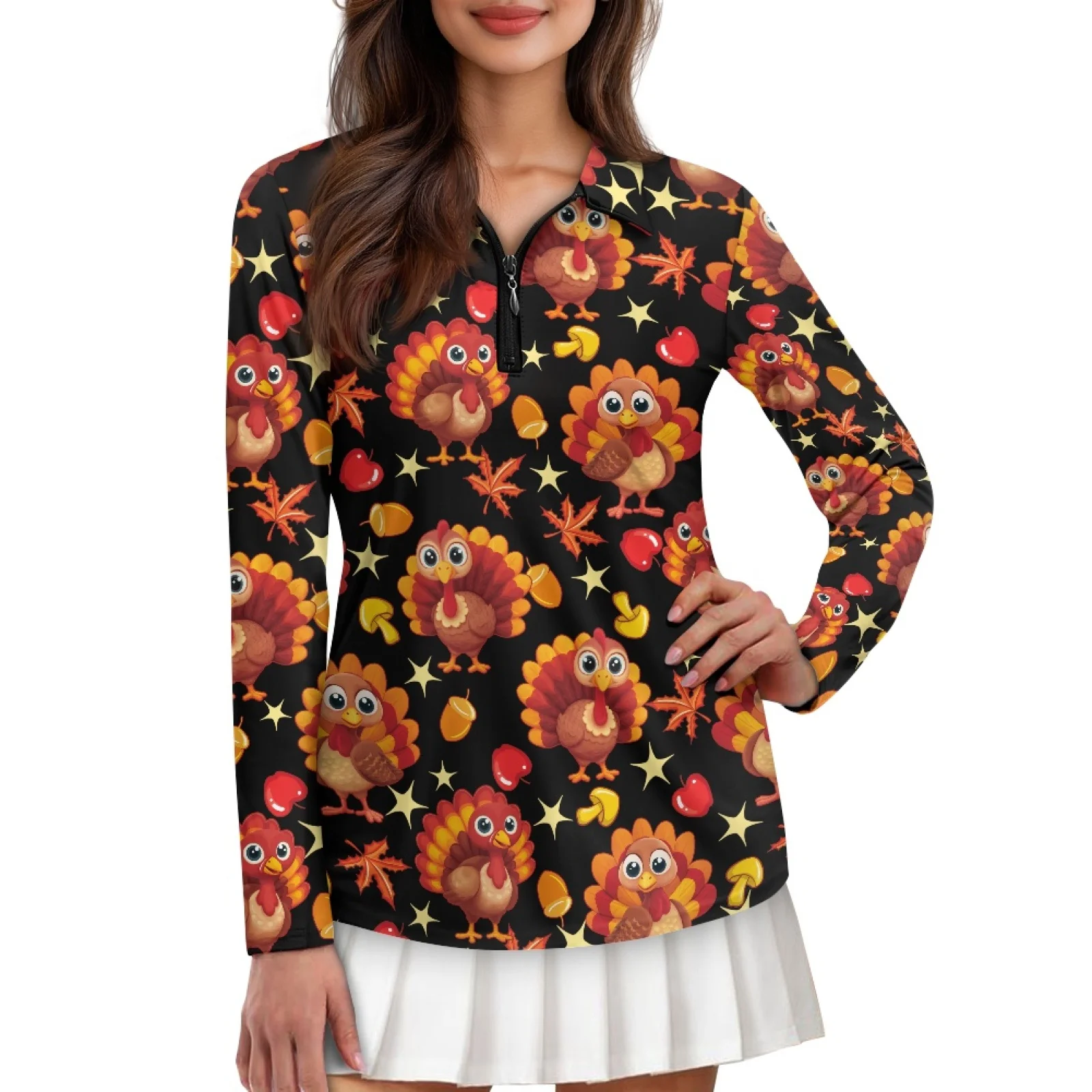 PENSTROLL Turkey Star Pattern Womens Quarter Zip Women's Athletic Polo Shirt Athletic Fit Pullover Polo Tops for Tennis Training