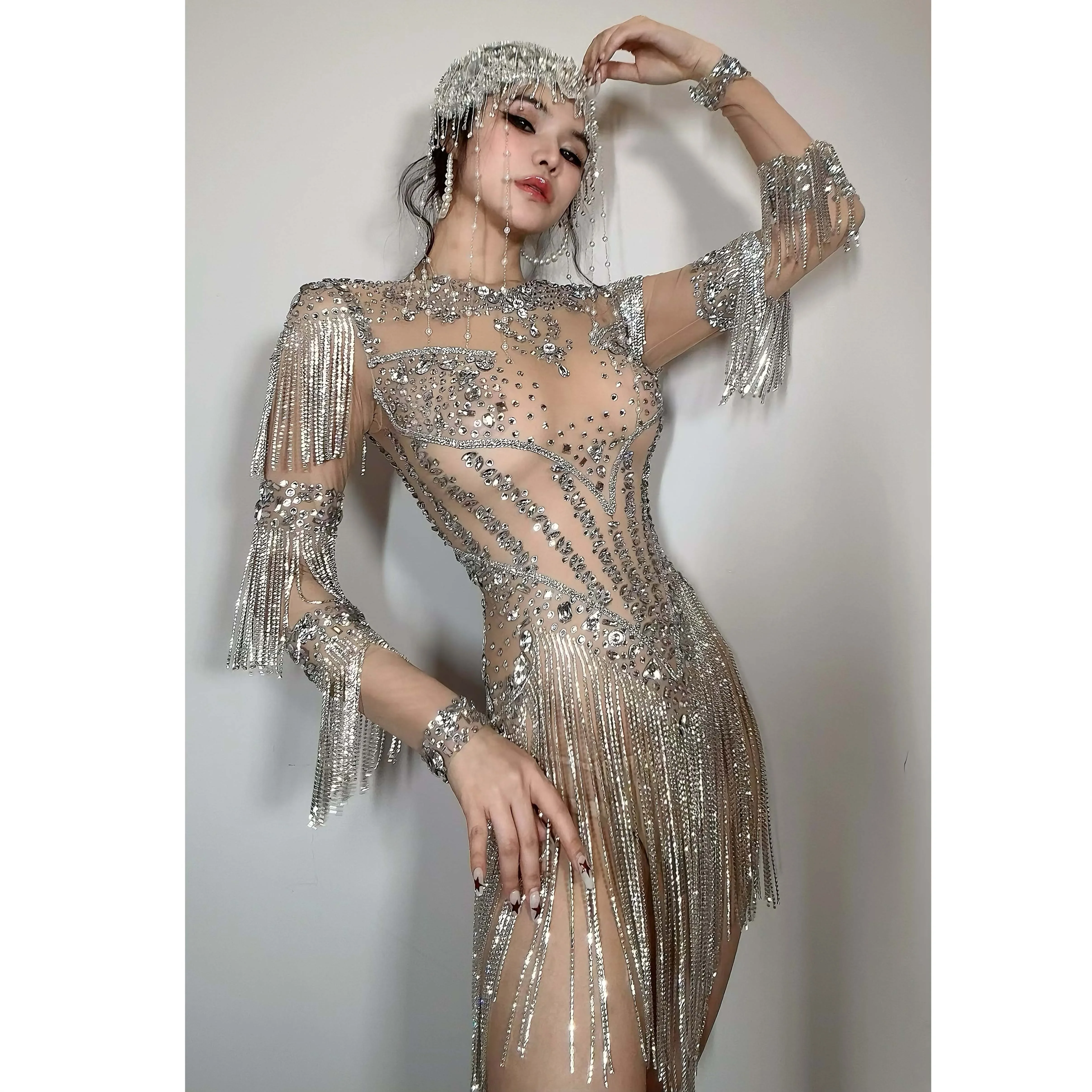 الماس نادي يوتار الراين سلسلة شفافة ارتداءها المرأة مثير شبكة طويلة الأكمام أداء ملابس رقص المرحلة ارتداء