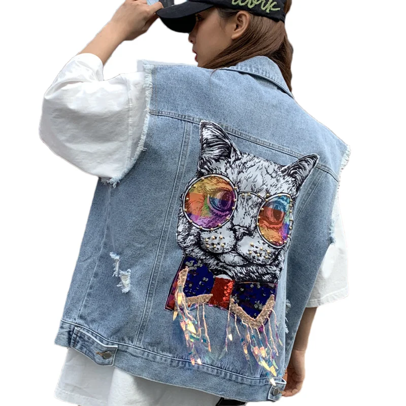 

Cartoon Beading Sequin Cat Holes Denim Vest Women Spring Summer Ladies Casual Loose Short Big Pocket Jeans Cardigan Tank Tops