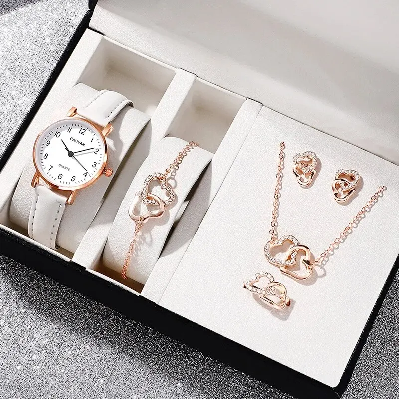 6PCS Set White Luxury Watch Women Ring Necklace Earring Rhinestone Fashion Wristwatch Casual Ladies Bracelet Watches