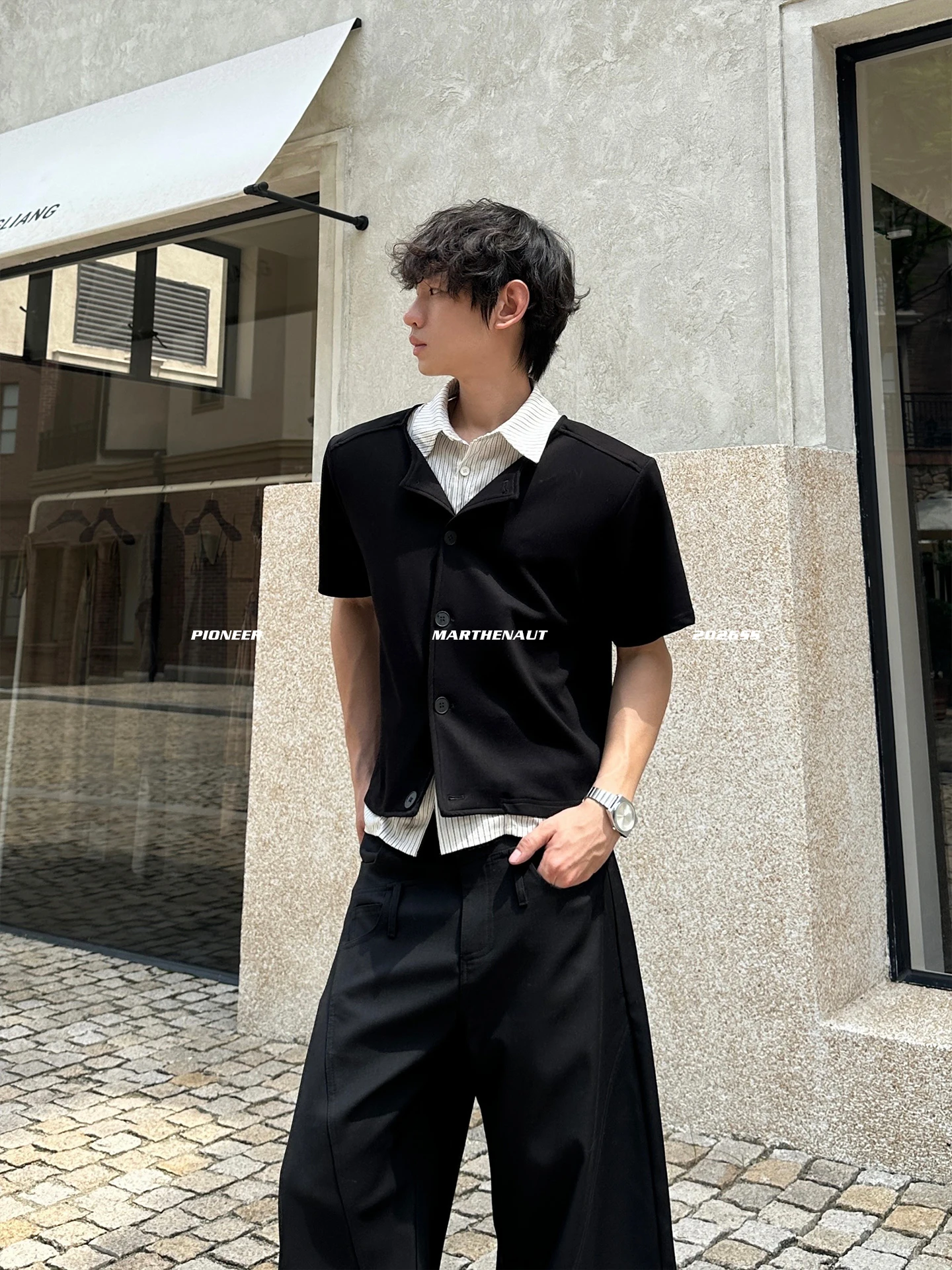 Fashionable Short Sleeve T-Shirt with Stand Collar Patchwork Design Breathable And Sweat Absorbent Polyester Cotton Blend for...