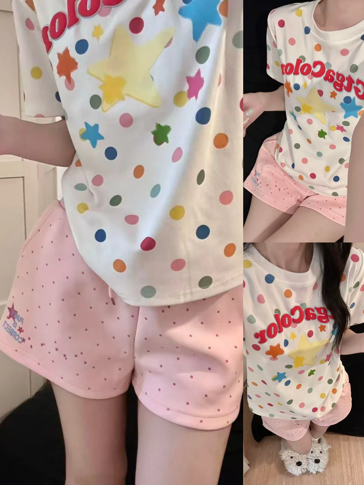 

American Style Polka Dot Print Drawstring Three-quarter Length Shorts Women Summer Hot Girl Beach Pants Dopaamine Straight Le...