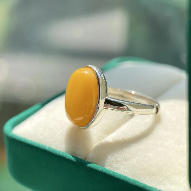 Natural Chicken Oil Yellow With S925 Silver Plain Band And Smooth Surface, Small Beeswax Ring