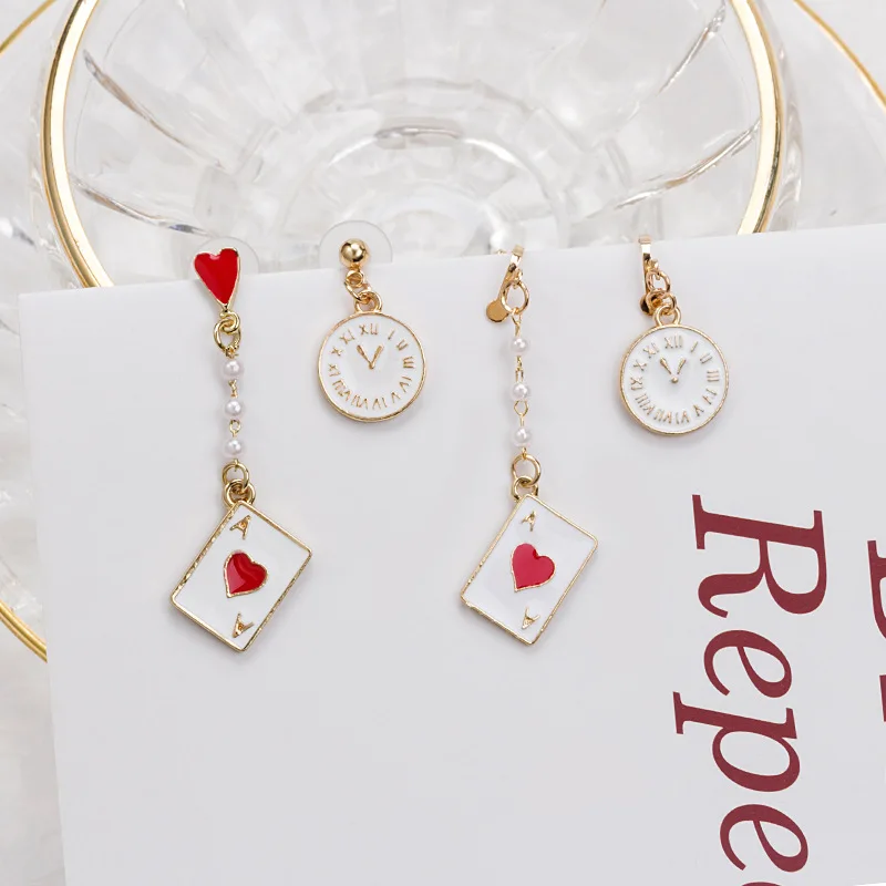 Asymmetric Clock Playing Card Earrings for Women Girls Red Heart Spade Poker Pendant Ear Accessories Jewelry Gifts