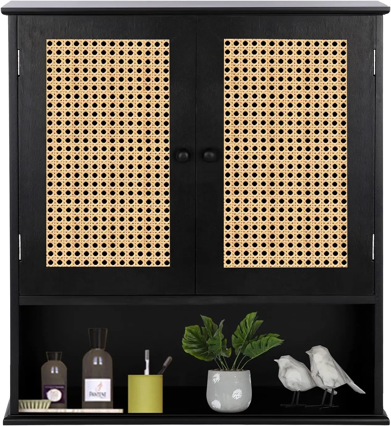 

Bathroom Medicine Cabinet Wall Mounted,Black Rattan Storage Cabinet,Towel Cabinet for Bathroom Storage Over the Toilet,Floating