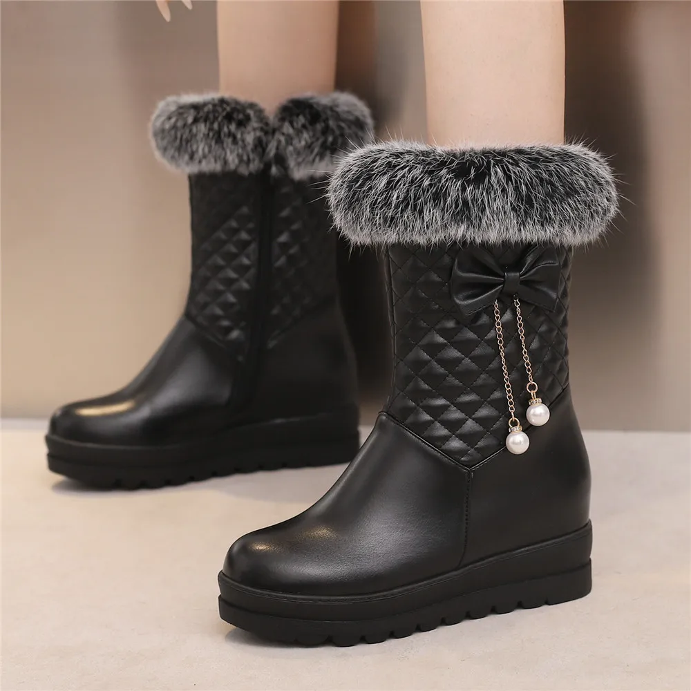 Fashion Women Snow Boots 2024 New Faux Fur Winter Boots Height Lncreasing Platform Thick Plush Warm Zip Winter Shoes White Pink