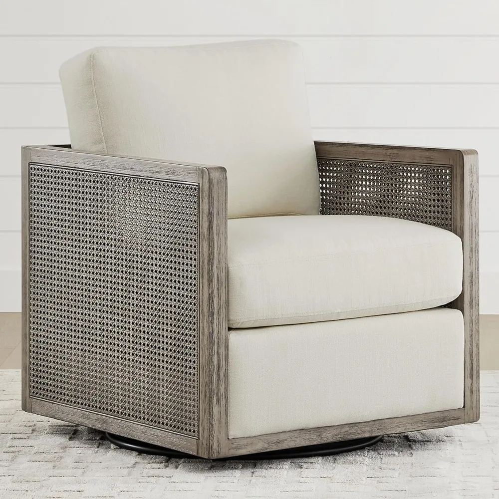 Swivel Accent Chair, Rattan Arm Chair for Living Room and Bedroom, Cream Fabric with Grey Frame